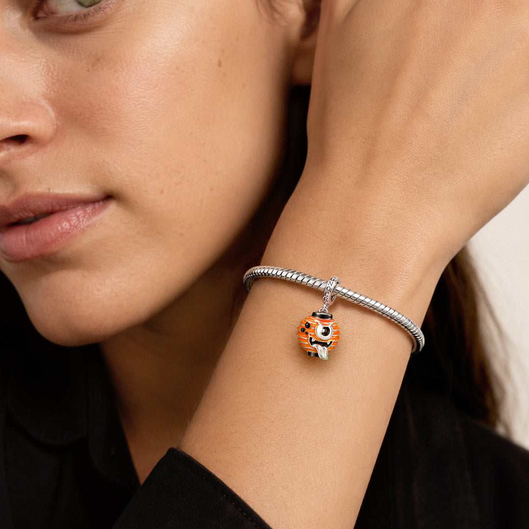 Gnoce Glow In Dark Halloween Japanese Round Monster Lantern Clasp Dangle Charm Platinum-plated Silver Blend_5