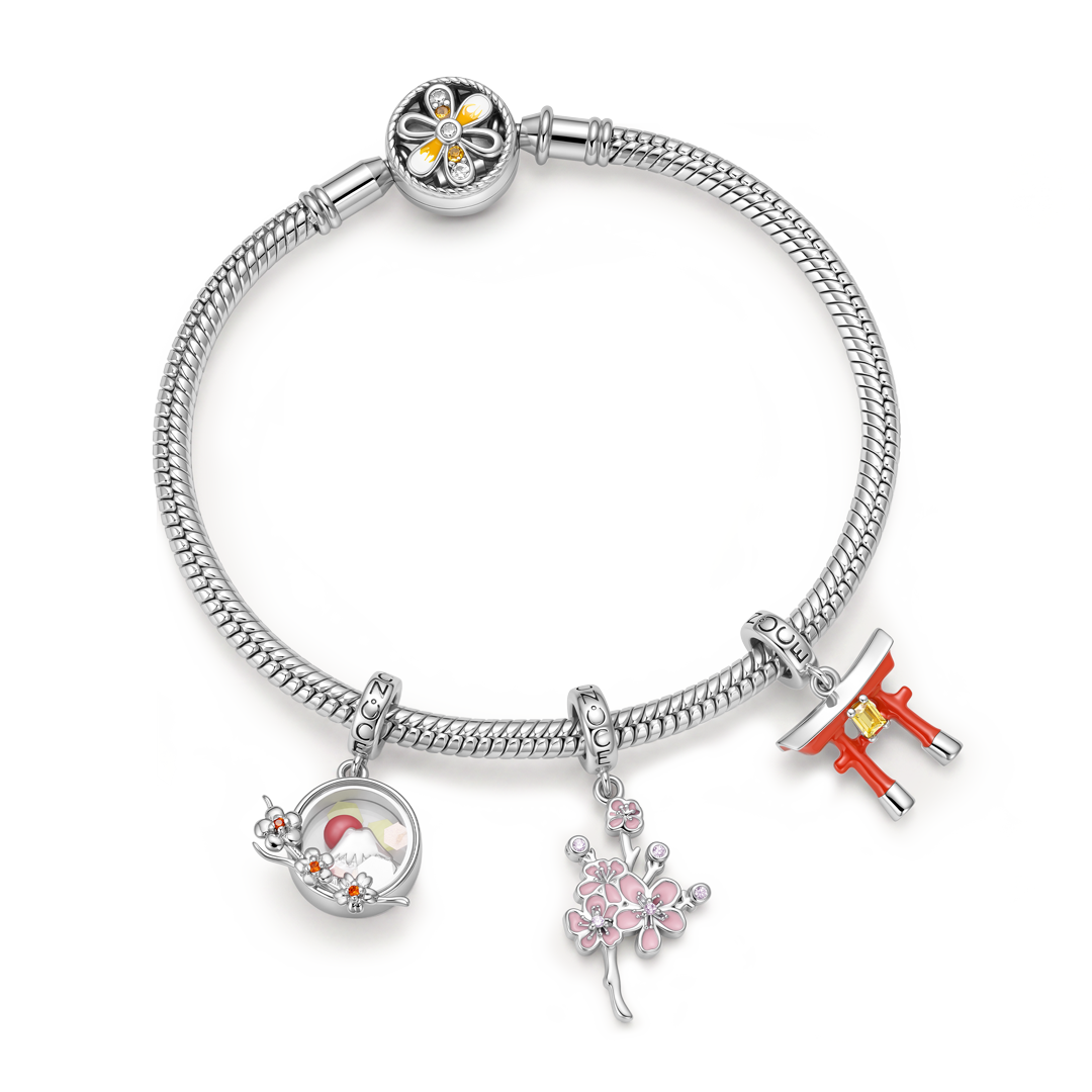 Gnoce Japanese Sakura Torii Gate Multi‑charm Dangle Charm Bracelet Platinum‑plated Silver Blend_3