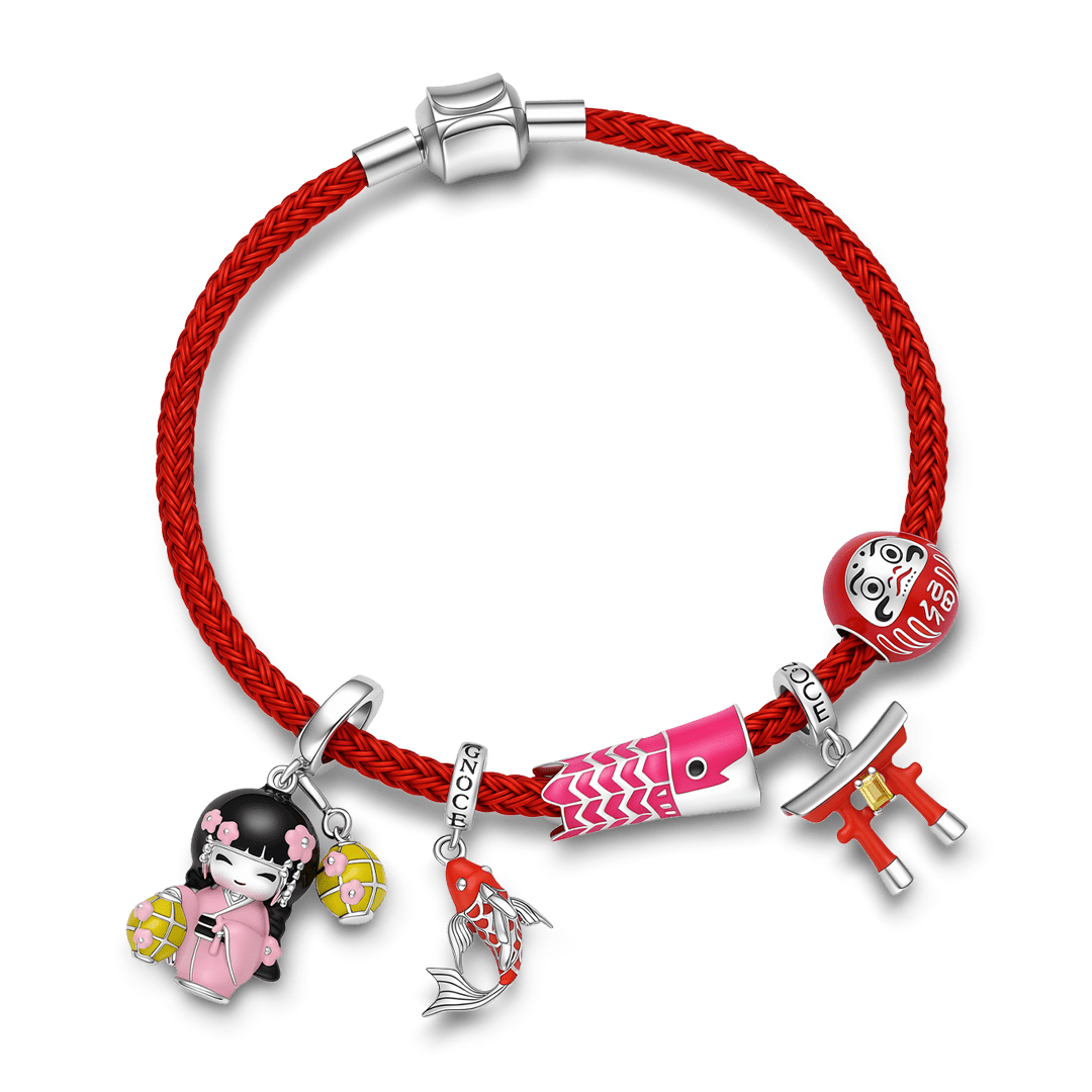 Gnoce Japanese Kokeshi Doll Multi‑charm Dangle Charm Bracelet Platinum‑plated Silver Blend_3