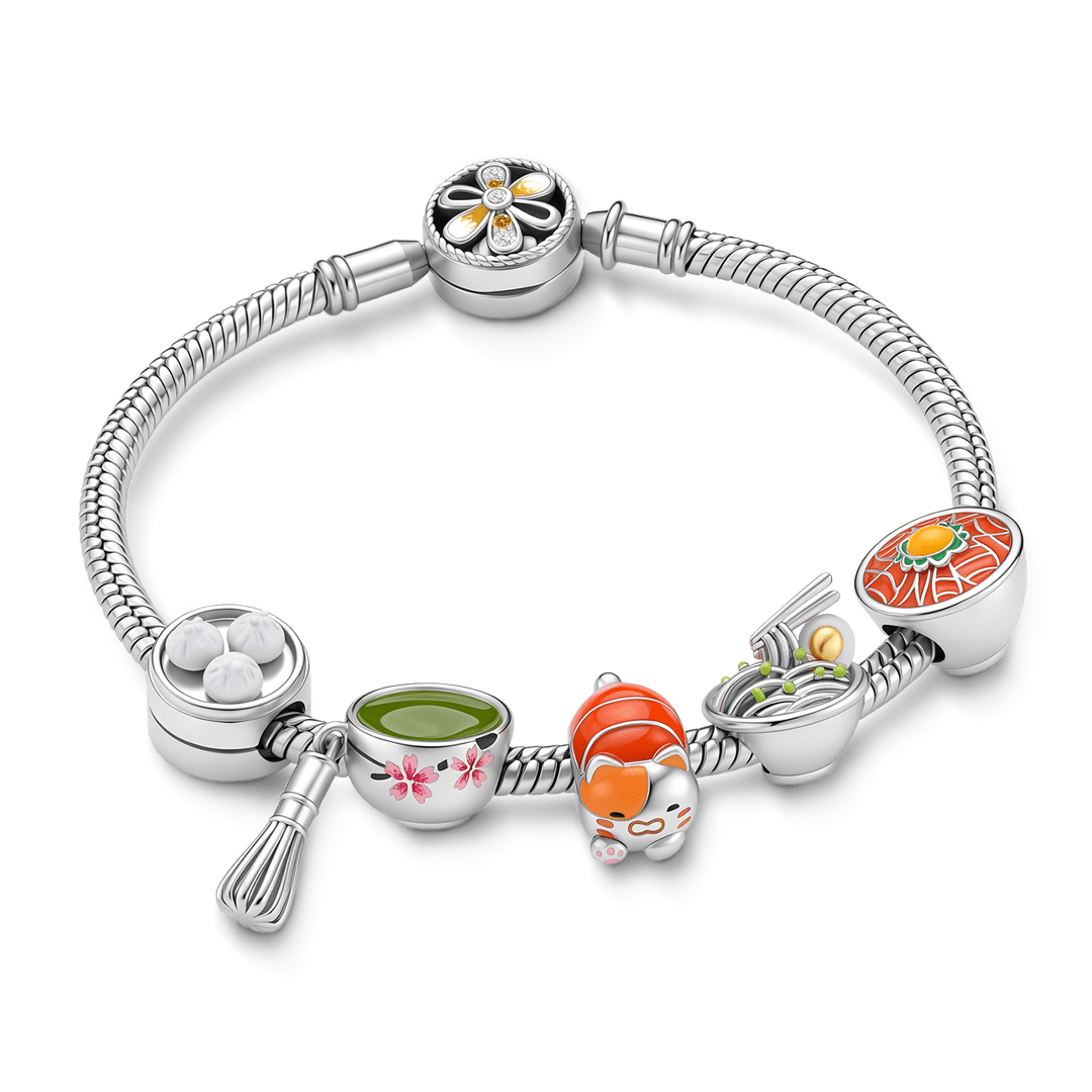 Gnoce Japanese Food Theme Multi‑charm Dangle Charm Bracelet Platinum‑plated Silver Blend_1