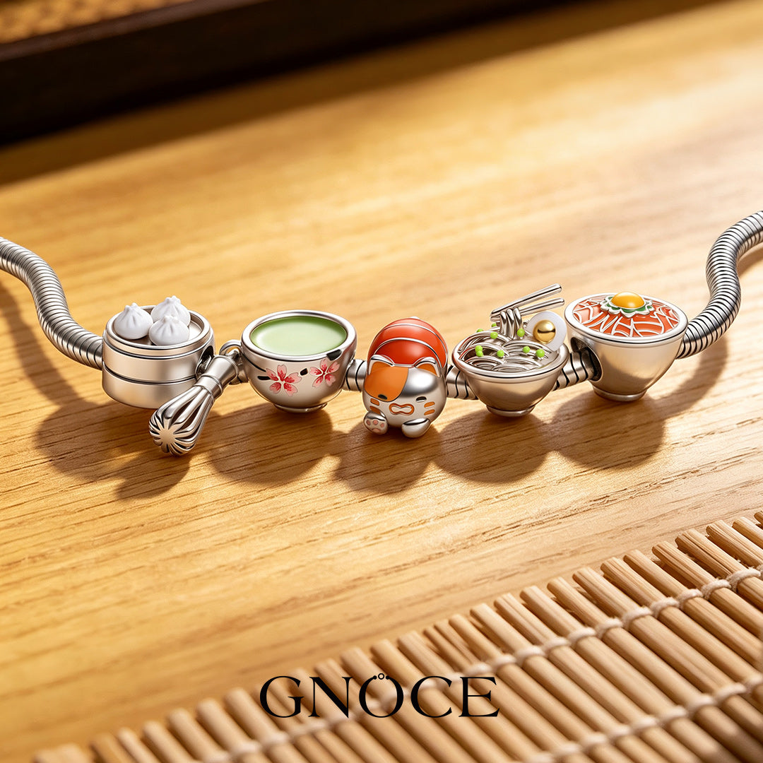 Gnoce Japanese Food Theme Multi‑charm Dangle Charm Bracelet Platinum‑plated Silver Blend_5