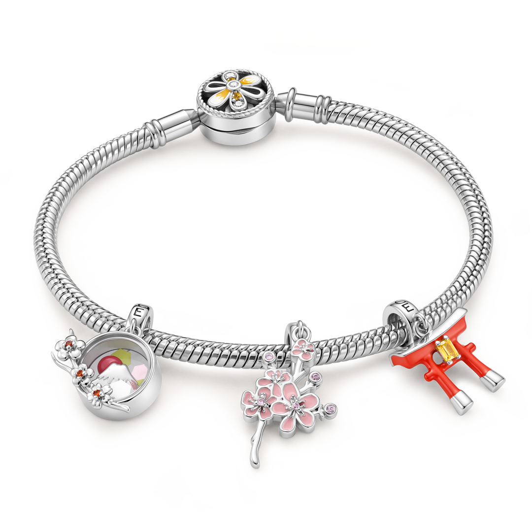 Gnoce Japanese Sakura Torii Gate Multi‑charm Dangle Charm Bracelet Platinum‑plated Silver Blend_1