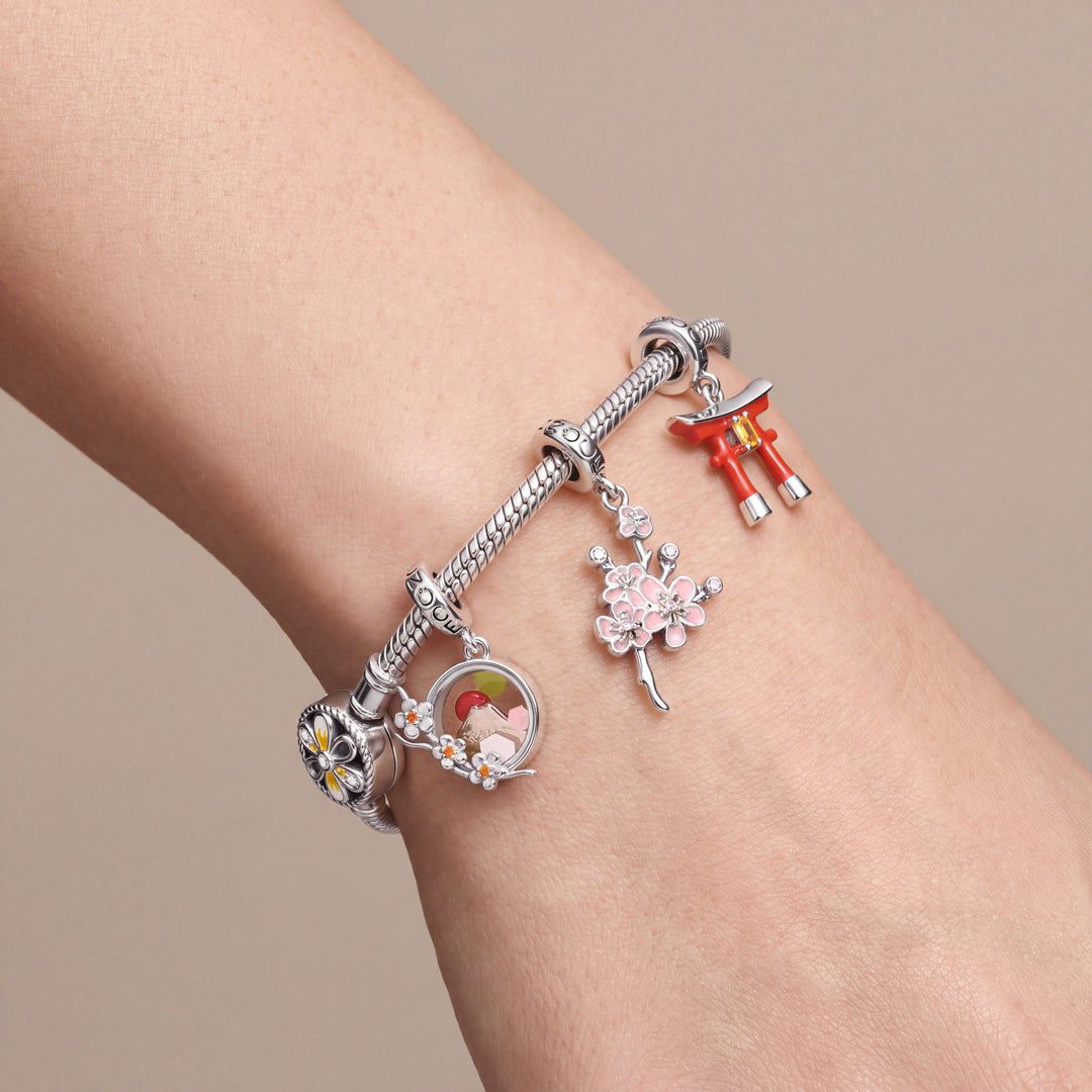Gnoce Japanese Sakura Torii Gate Multi‑charm Dangle Charm Bracelet Platinum‑plated Silver Blend_2
