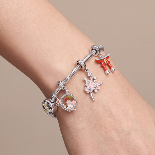 Gnoce Japanese Sakura Torii Gate Multi‑charm Dangle Charm Bracelet Platinum‑plated Silver Blend_2
