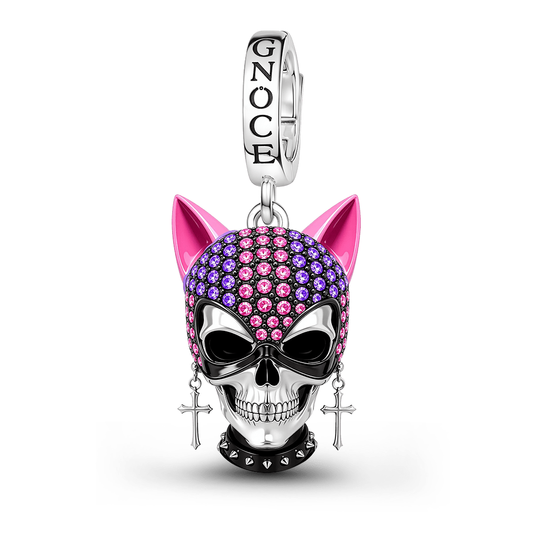 Gnoce Halloween British Punk Cool Skull Cat‑ear Clasp Dangle Charm Platinum‑plated Silver Blend_1