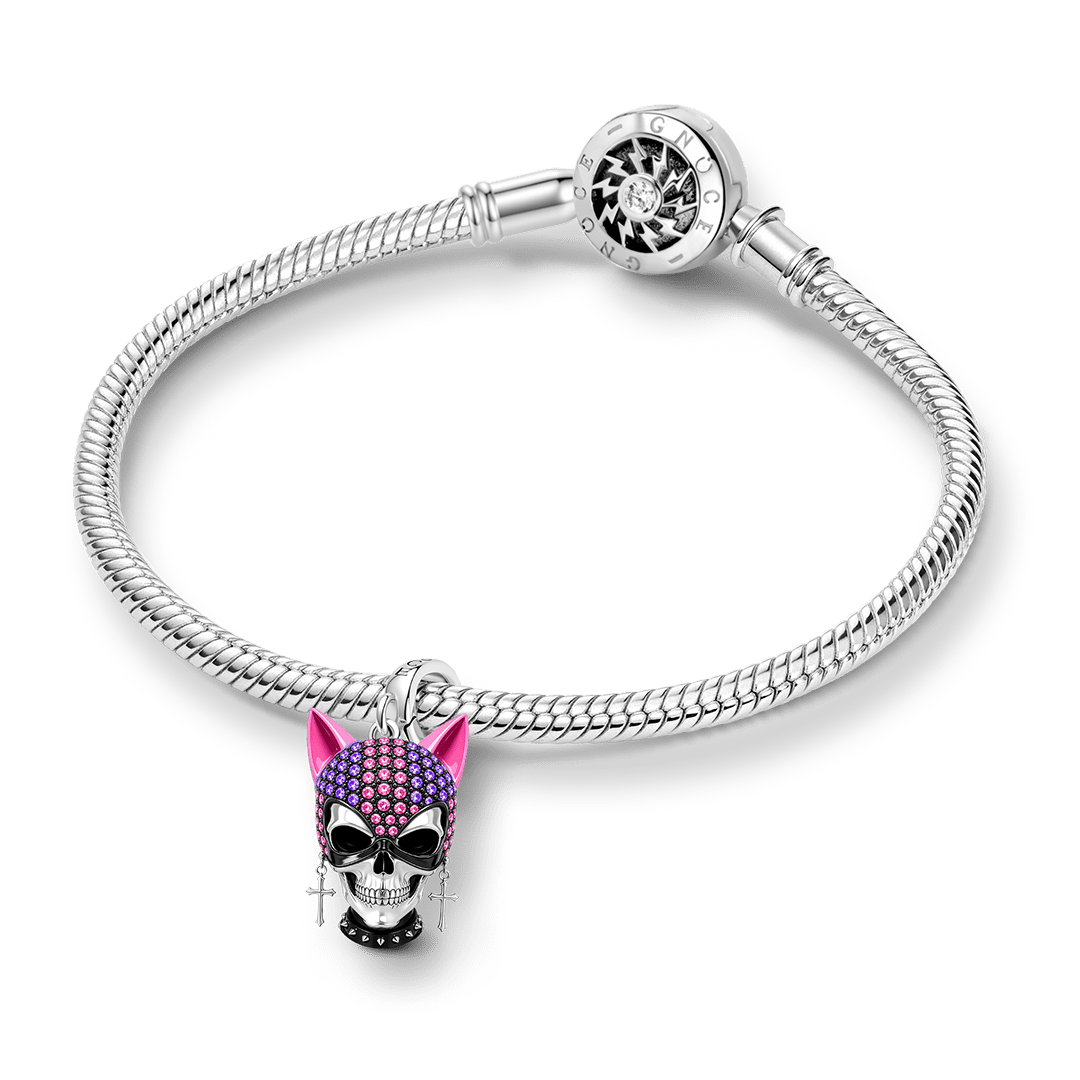 Gnoce Halloween British Punk Cool Skull Cat‑ear Clasp Dangle Charm Platinum‑plated Silver Blend_3