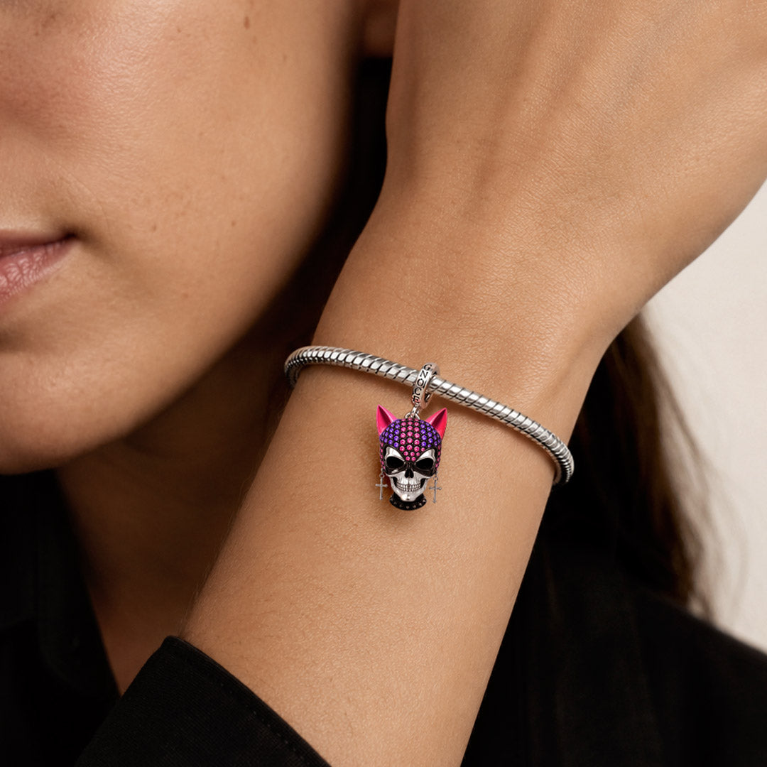 Gnoce Halloween British Punk Cool Skull Cat‑ear Clasp Dangle Charm Platinum‑plated Silver Blend_2