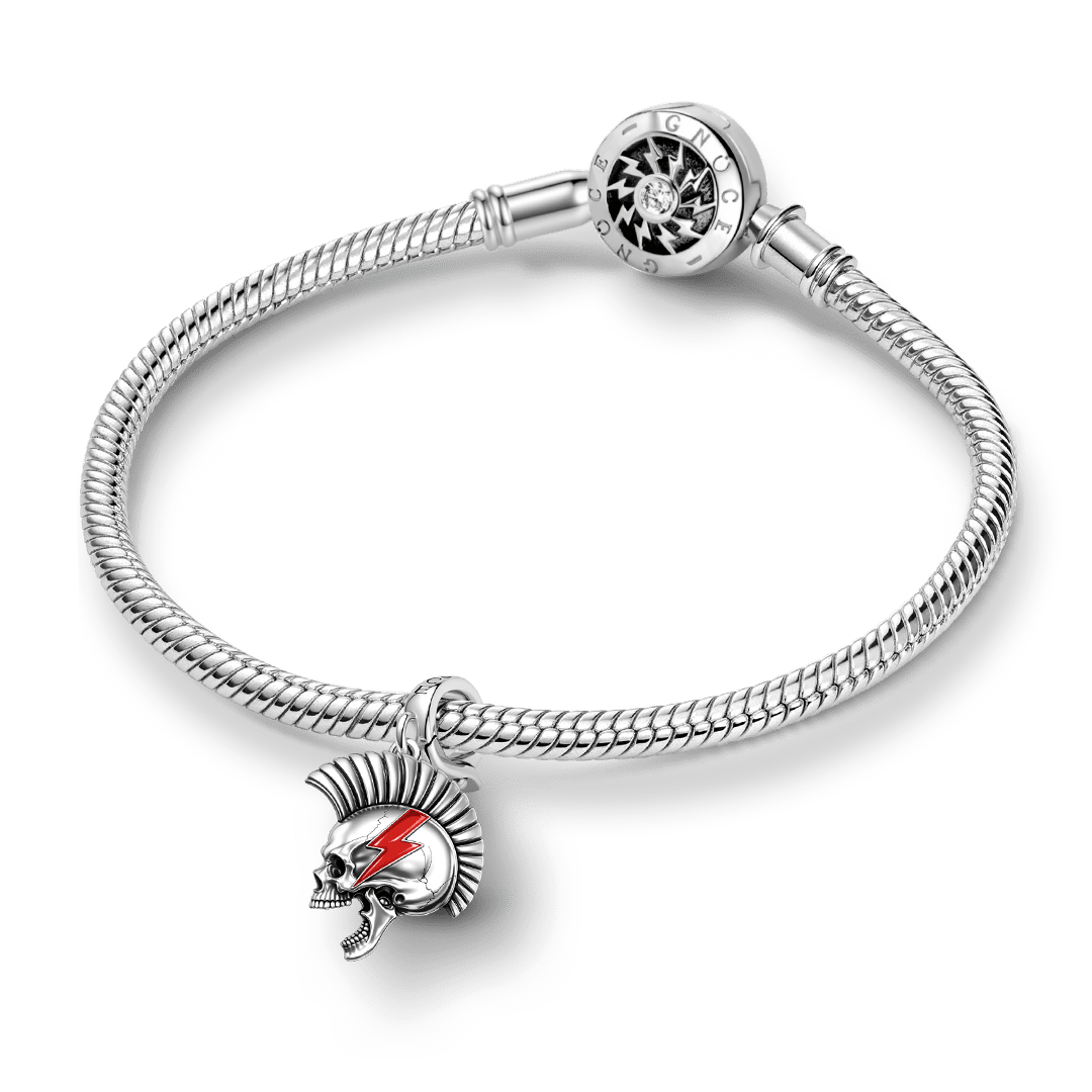 Gnoce Halloween British Punk Mohawk Skull Lightning Clasp Dangle Charm Platinum‑plated Silver Blend_3