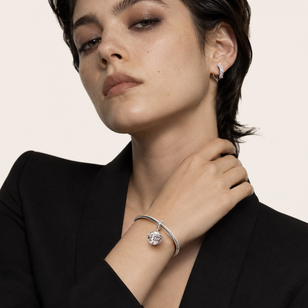 Gnoce British Punk Engravable Spiked World Globe Clasp Dangle Charm Platinum‑plated Silver Blend_4