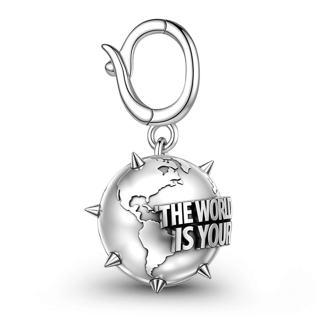Gnoce British Punk Engravable Spiked World Globe Clasp Dangle Charm Platinum‑plated Silver Blend_6