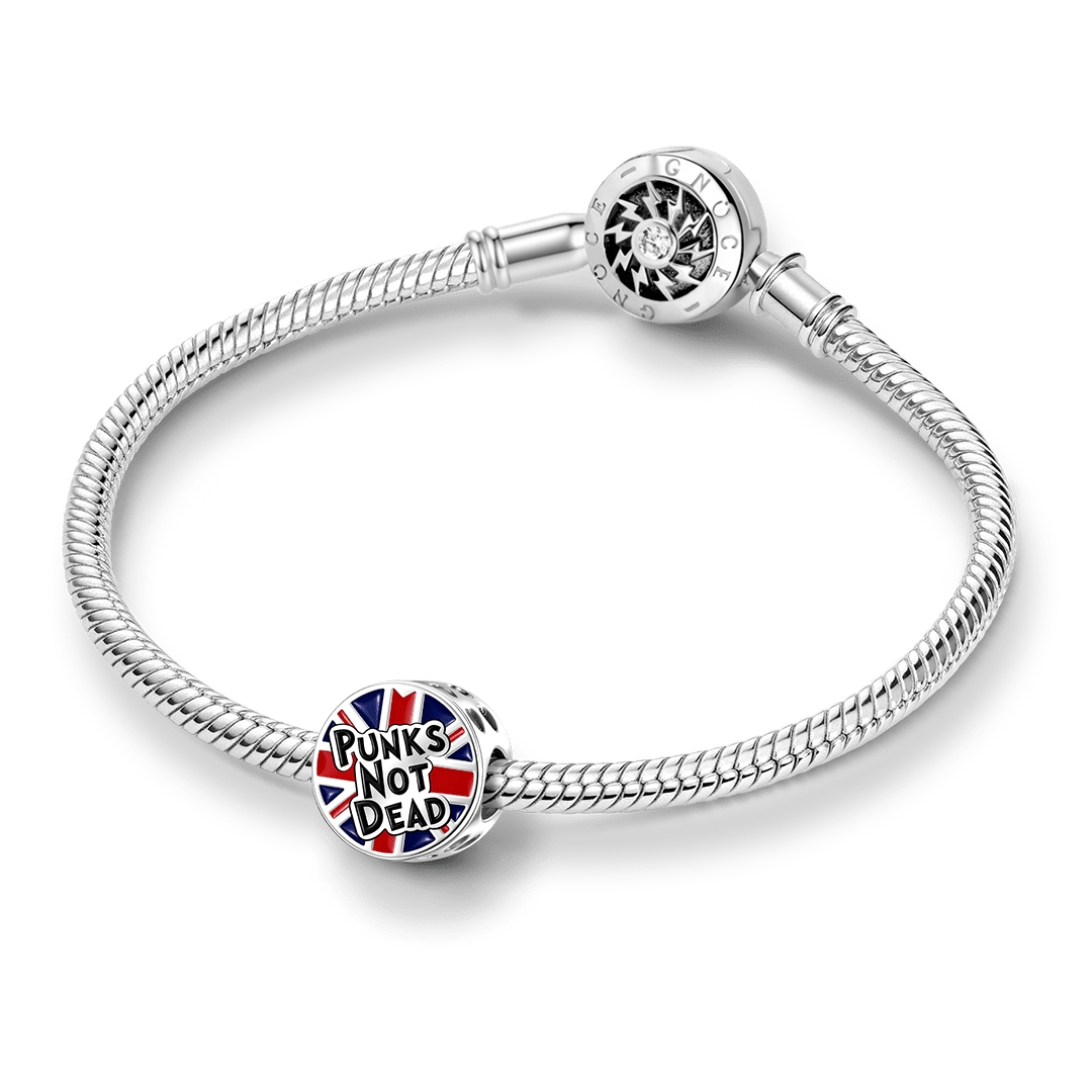 Gnoce British Punk Punks Not Dead Union Jack Bead Charm Platinum‑plated Silver Blend_3