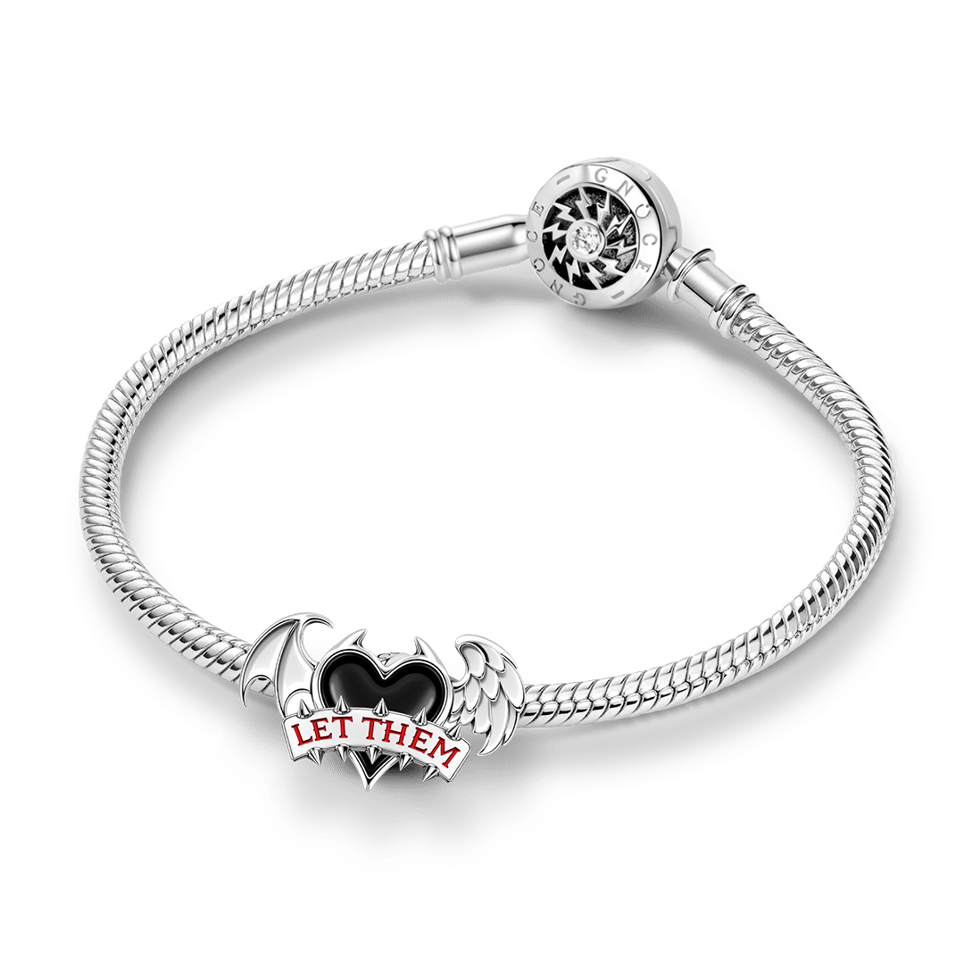 Gnoce Punk Slogan Heart Angel Demon Wing Bead Charm Platinum‑plated Silver Blend_3