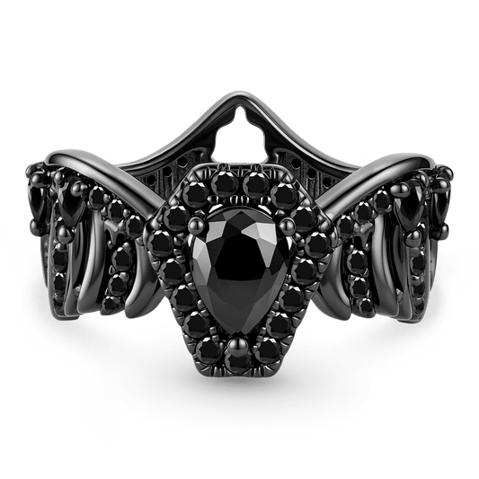 Gnoce Wings Coffin Pear-Shaped Black Gemstone Gothic Ring_1