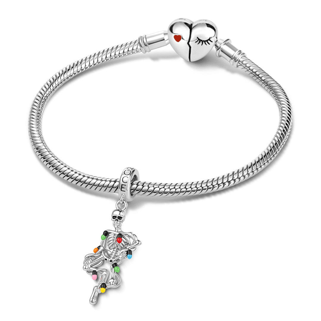 Gnoce Halloween Skeleton with Colorful Fairy Lights Dangle Charm Platinum-plated Silver Blend_3