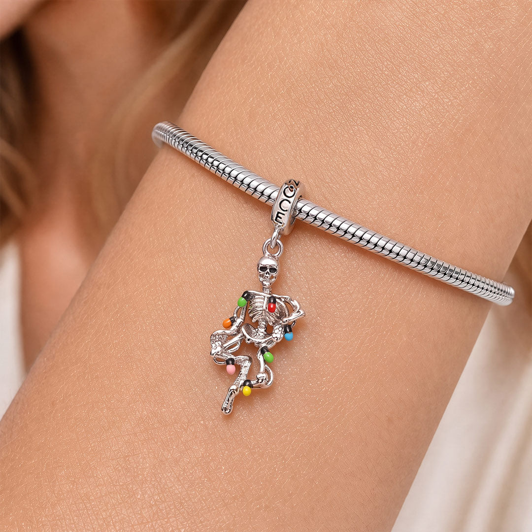 Gnoce Halloween Skeleton with Colorful Fairy Lights Dangle Charm Platinum-plated Silver Blend_2