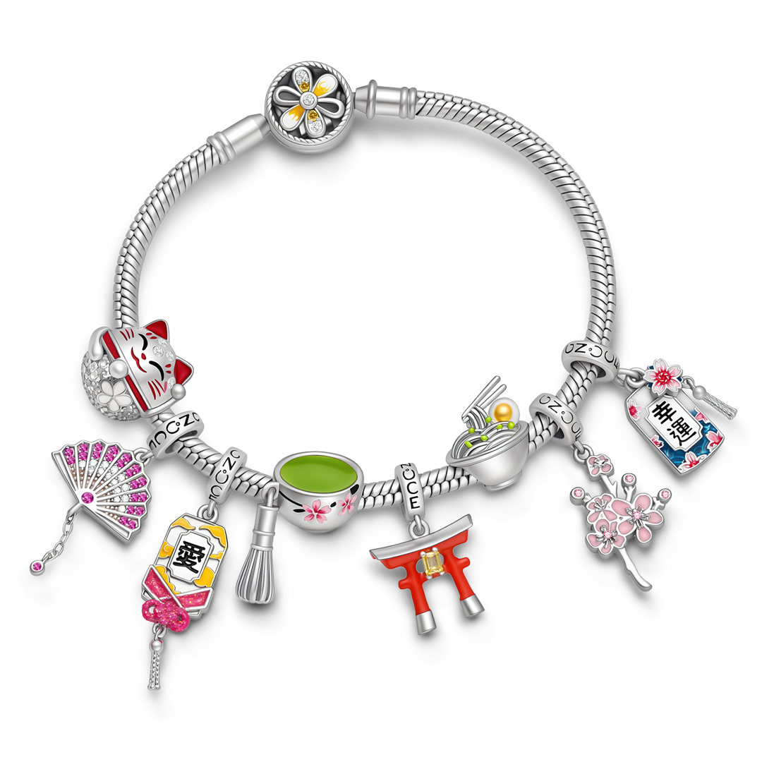 Gnoce Japanese Theme Dangle Charm Bracelet Platinum‑plated Silver Blend_3