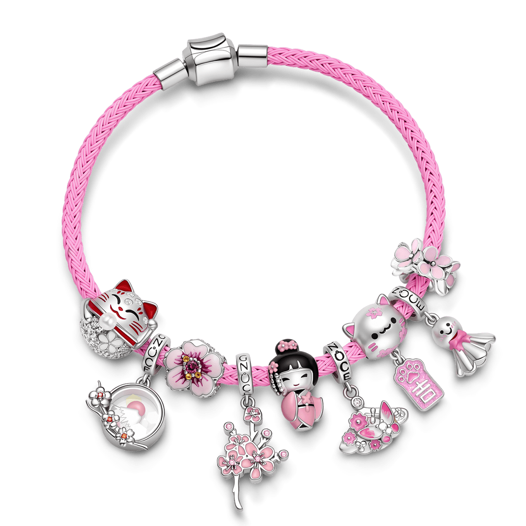 Gnoce Japanese Sakura Lucky Cat Dangle Charm Bracelet Platinum‑plated Silver Blend_3
