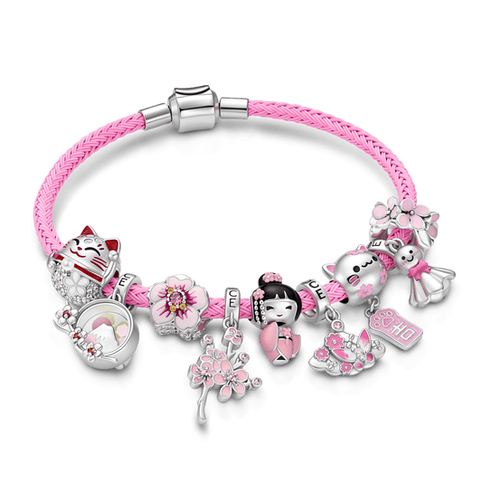 Gnoce Japanese Sakura Lucky Cat Dangle Charm Bracelet Platinum‑plated Silver Blend_1