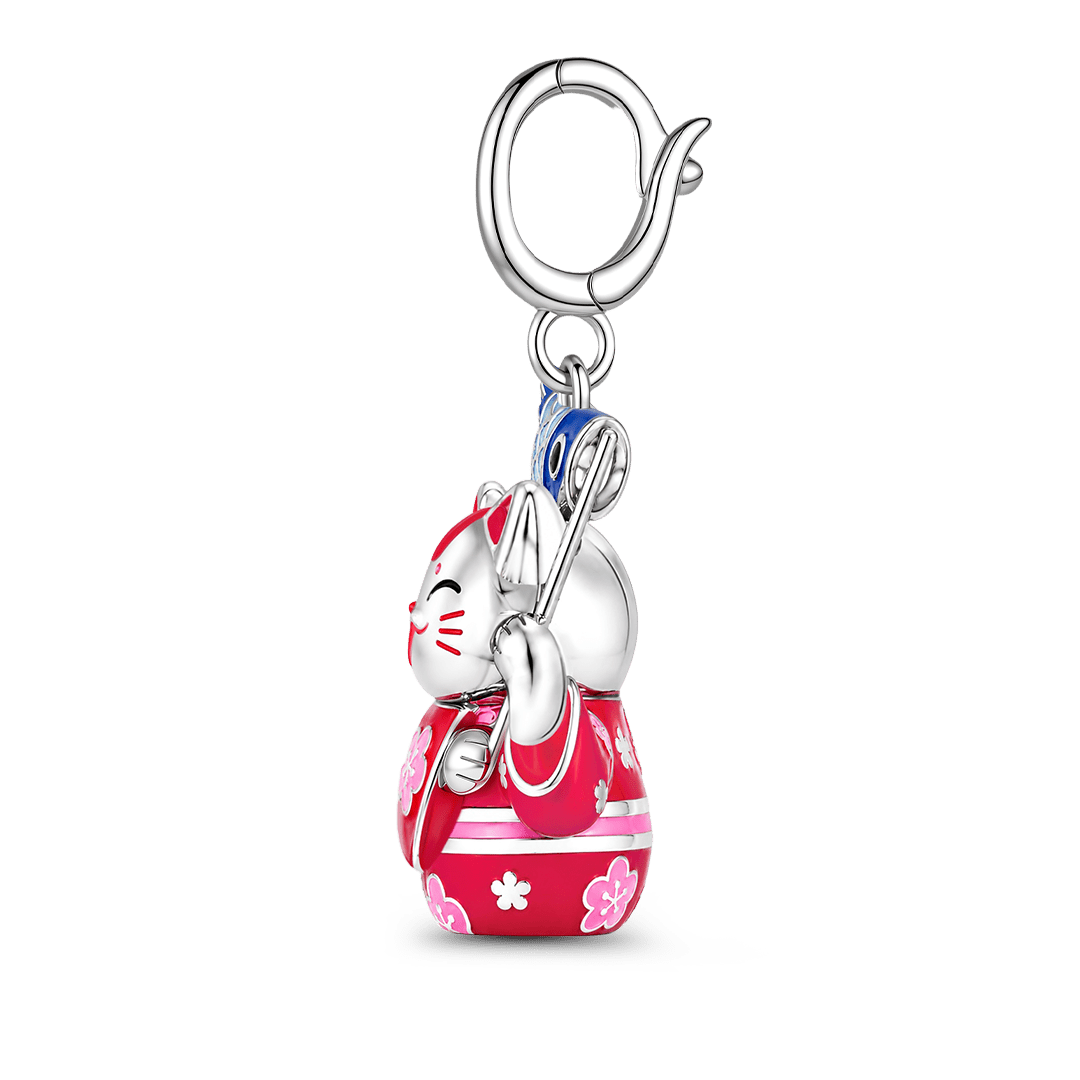 Gnoce Glow-in-the-Dark Red Kimono Lucky Cat Clasp Dangle Charm Platinum-plated Silver Blend_6