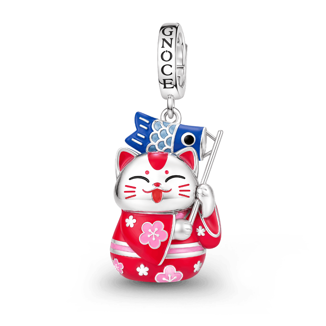 Gnoce Glow-in-the-Dark Red Kimono Lucky Cat Clasp Dangle Charm Platinum-plated Silver Blend_2