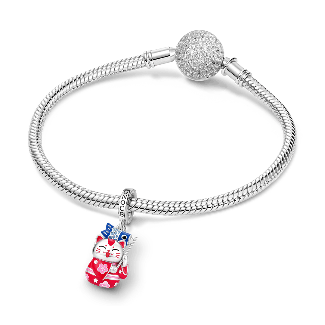 Gnoce Glow-in-the-Dark Red Kimono Lucky Cat Clasp Dangle Charm Platinum-plated Silver Blend_4