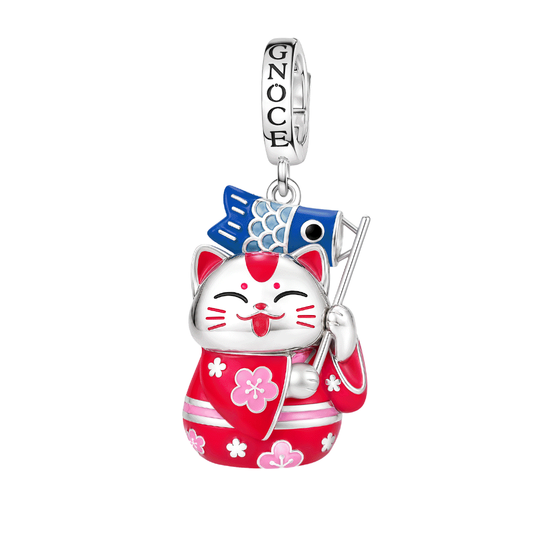 Gnoce Glow-in-the-Dark Red Kimono Lucky Cat Clasp Dangle Charm Platinum-plated Silver Blend_1