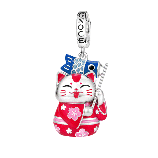Gnoce Glow-in-the-Dark Red Kimono Lucky Cat Clasp Dangle Charm Platinum-plated Silver Blend_1