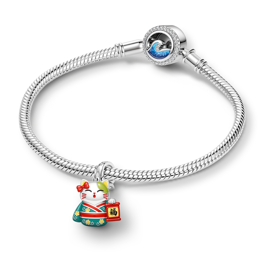 Gnoce Glow‑in‑the‑Dark Japanese Lucky Cat Clasp Dangle Charm Platinum‑plated Silver Blend_4
