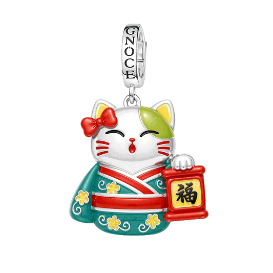 Gnoce Glow‑in‑the‑Dark Japanese Lucky Cat Clasp Dangle Charm Platinum‑plated Silver Blend_1
