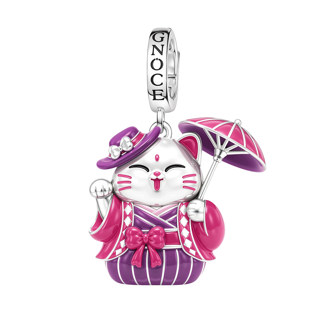 Gnoce Japanese Glow‑in‑the‑Dark Purple Lucky Cat Clasp Dangle Charm Platinum‑plated Silver Blend_1