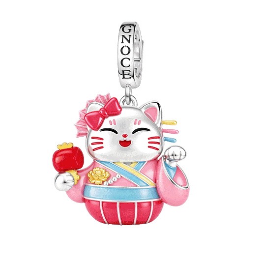 Gnoce Japanese Glow‑in‑the‑Dark Pink Lucky Cat Clasp Dangle Charm Platinum‑plated Silver Blend_1