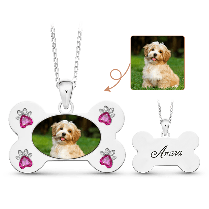 Gnoce Custom Dog Bone Photo Necklace with Paw Birthstone_1