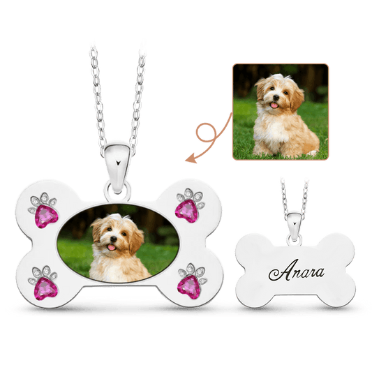 Gnoce Custom Dog Bone Photo Necklace with Paw Birthstone_1