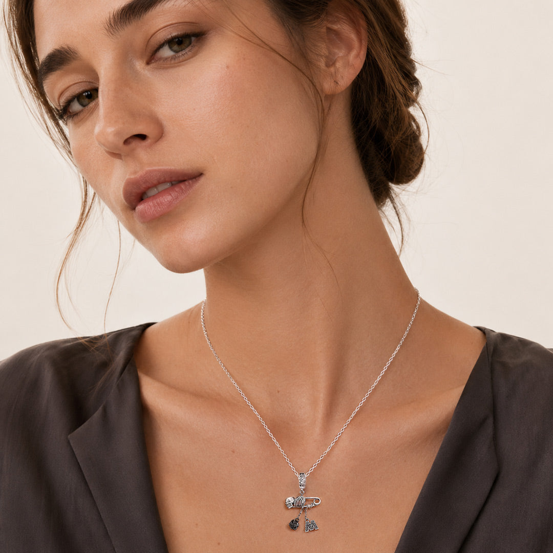 Gnoce Skull Pin Initials Engravable Dangle Charm Platinum-plated Silver Blend_5