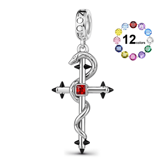 Gnoce Halloween Birthstone Snake Cross Clasp Dangle Charm Platinum‑plated Silver Blend_1