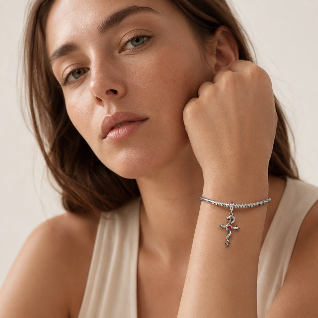 Gnoce Halloween Birthstone Snake Cross Clasp Dangle Charm Platinum‑plated Silver Blend_5