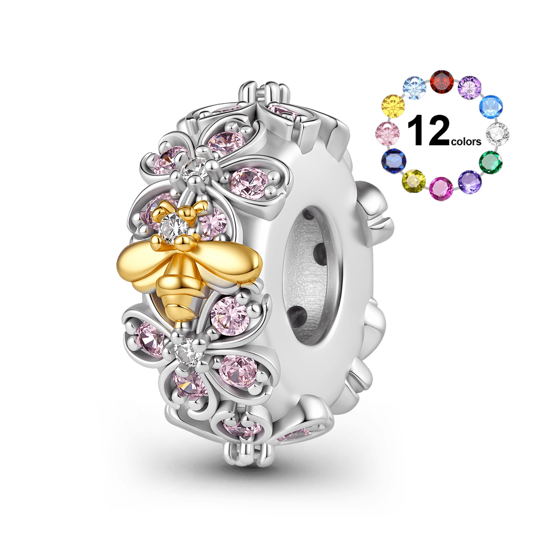 Gnoce Birthstone Bee Cherry Blossom Wreath Spacer Bead Charm Platinum‑plated Silver Blend_1