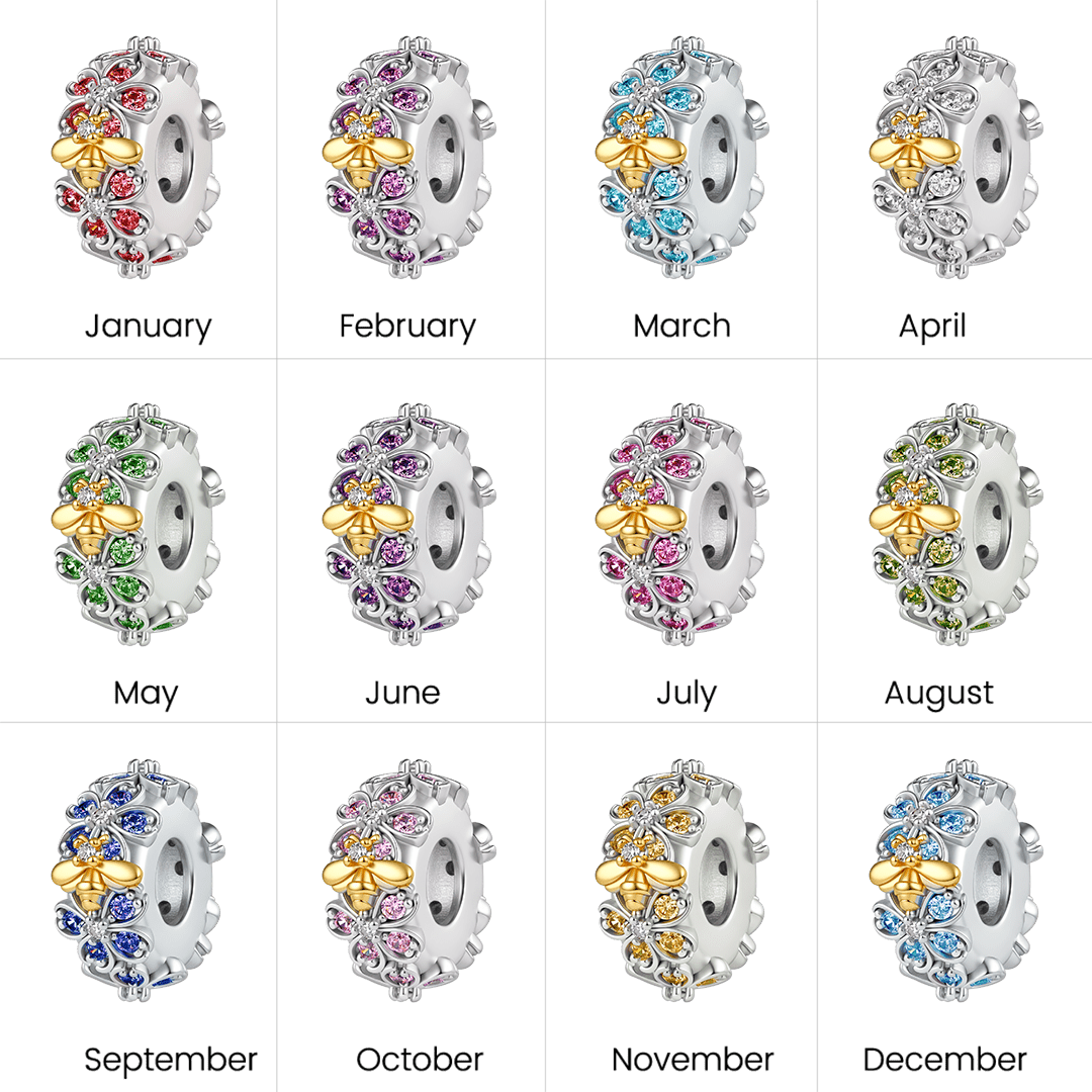 Gnoce Birthstone Bee Cherry Blossom Wreath Spacer Bead Charm Platinum‑plated Silver Blend_4