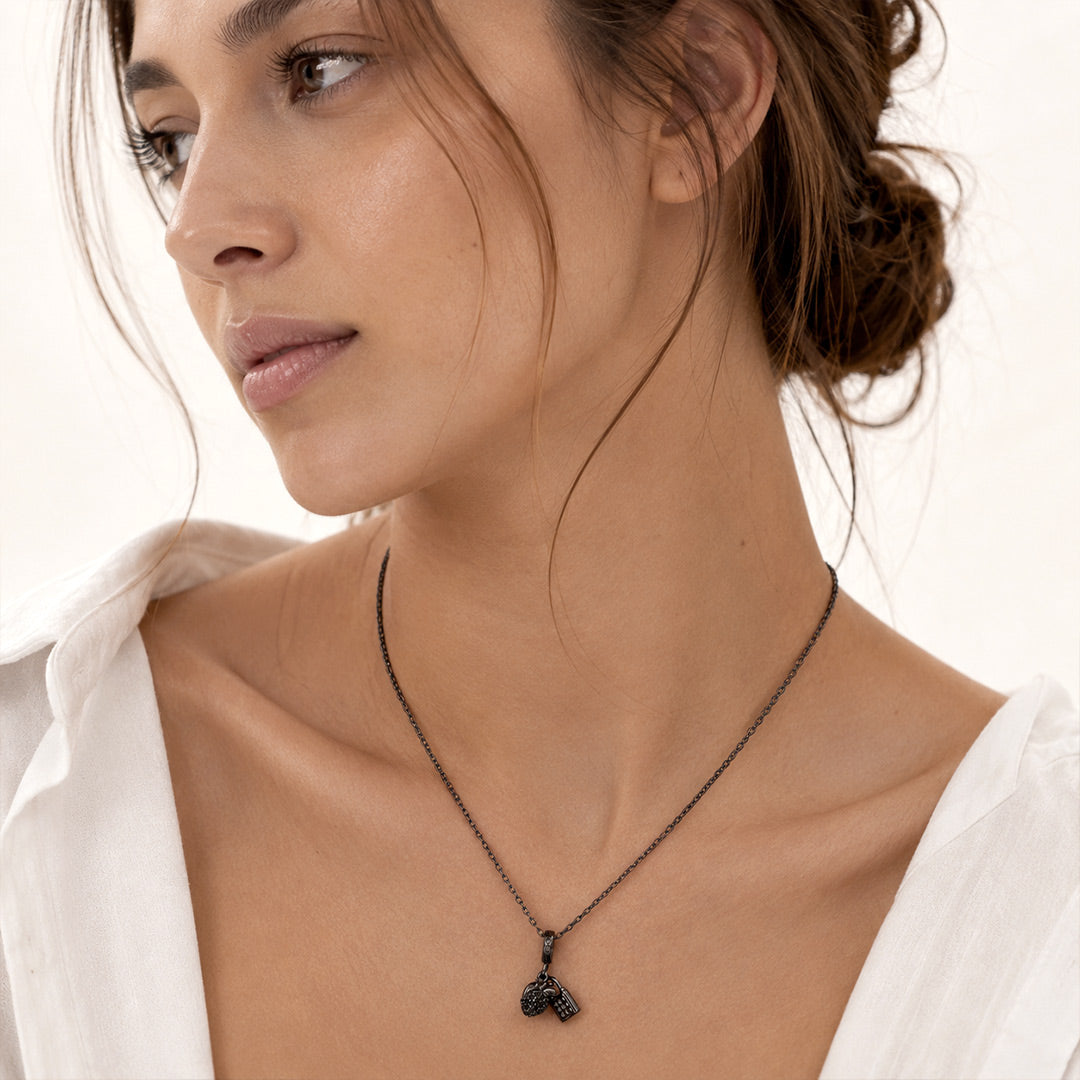 Gnoce Initial Engravable Punk Lock Anatomical Heart Dangle Charm Platinum‑plated Silver Blend_5