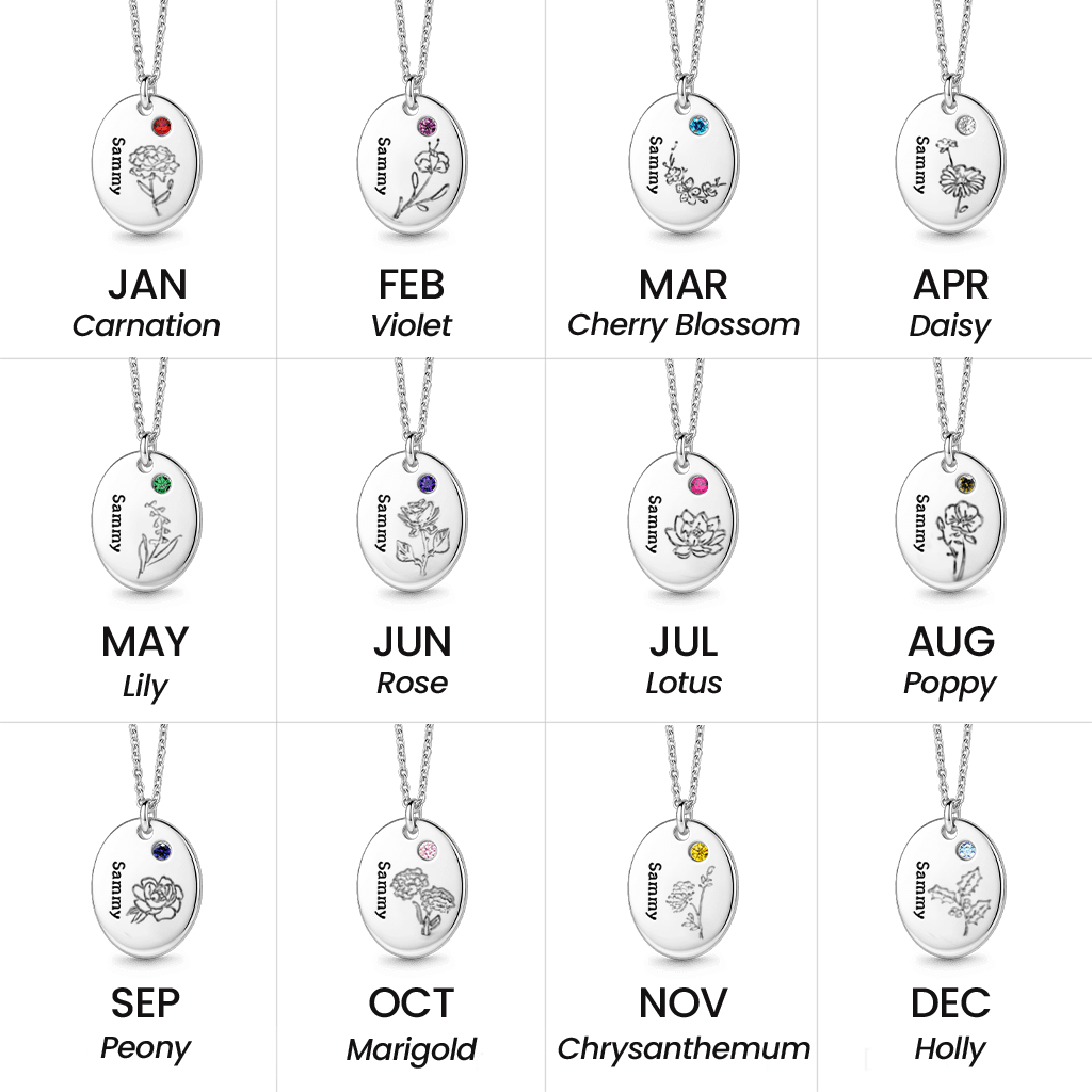 Gnoce Name Personalized Birth Flower Birthstone Oval Pendant Necklace Platinum-plated Silver Blend_6