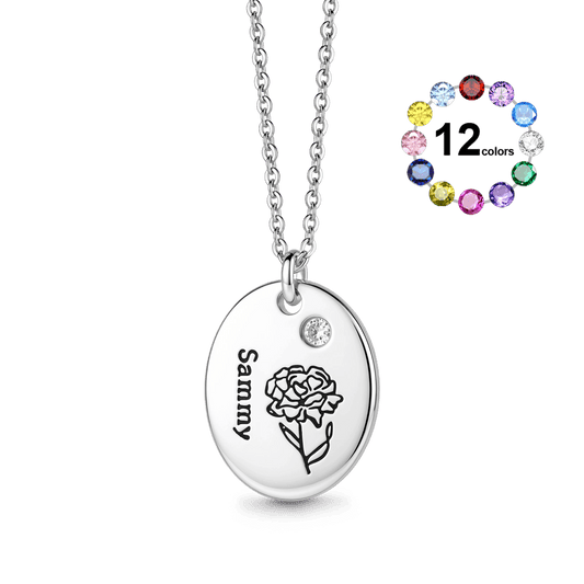 Gnoce Name Personalized Birth Flower Birthstone Oval Pendant Necklace Platinum-plated Silver Blend_1