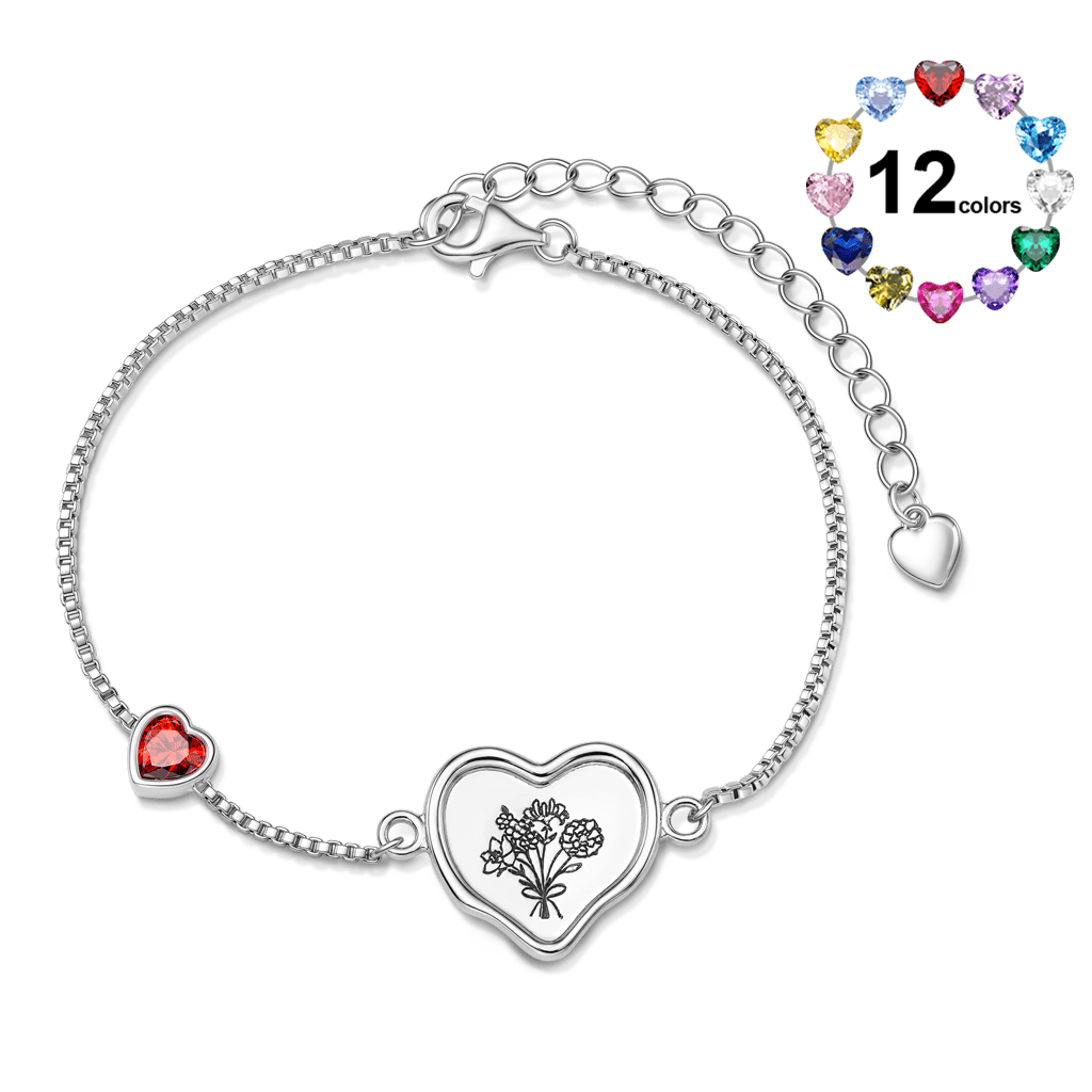 Gnoce Engravable Birth Flower Birthstone Heart‑Shaped Bracelet Platinum‑plated Silver Blend_1