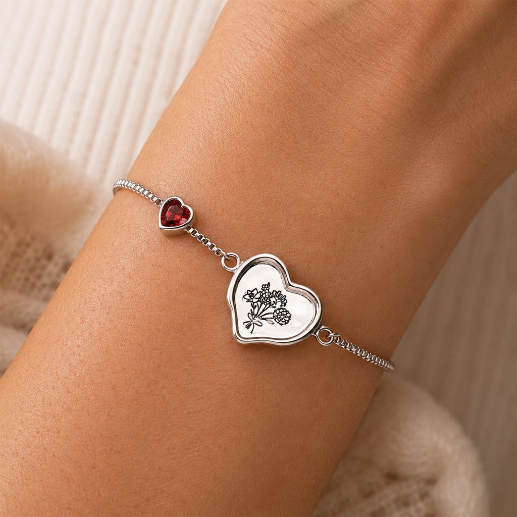 Gnoce Engravable Birth Flower Birthstone Heart‑Shaped Bracelet Platinum‑plated Silver Blend_2