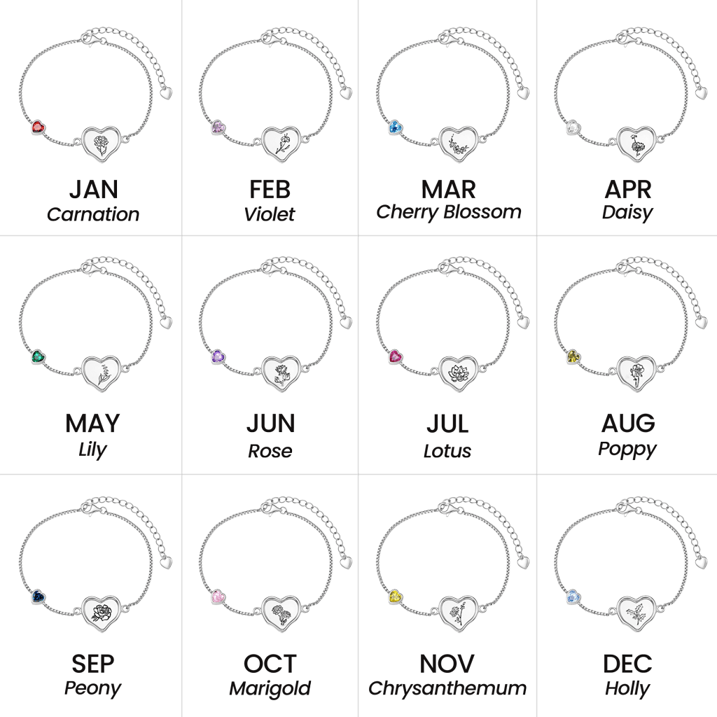 Gnoce Engravable Birth Flower Birthstone Heart‑Shaped Bracelet Platinum‑plated Silver Blend_5