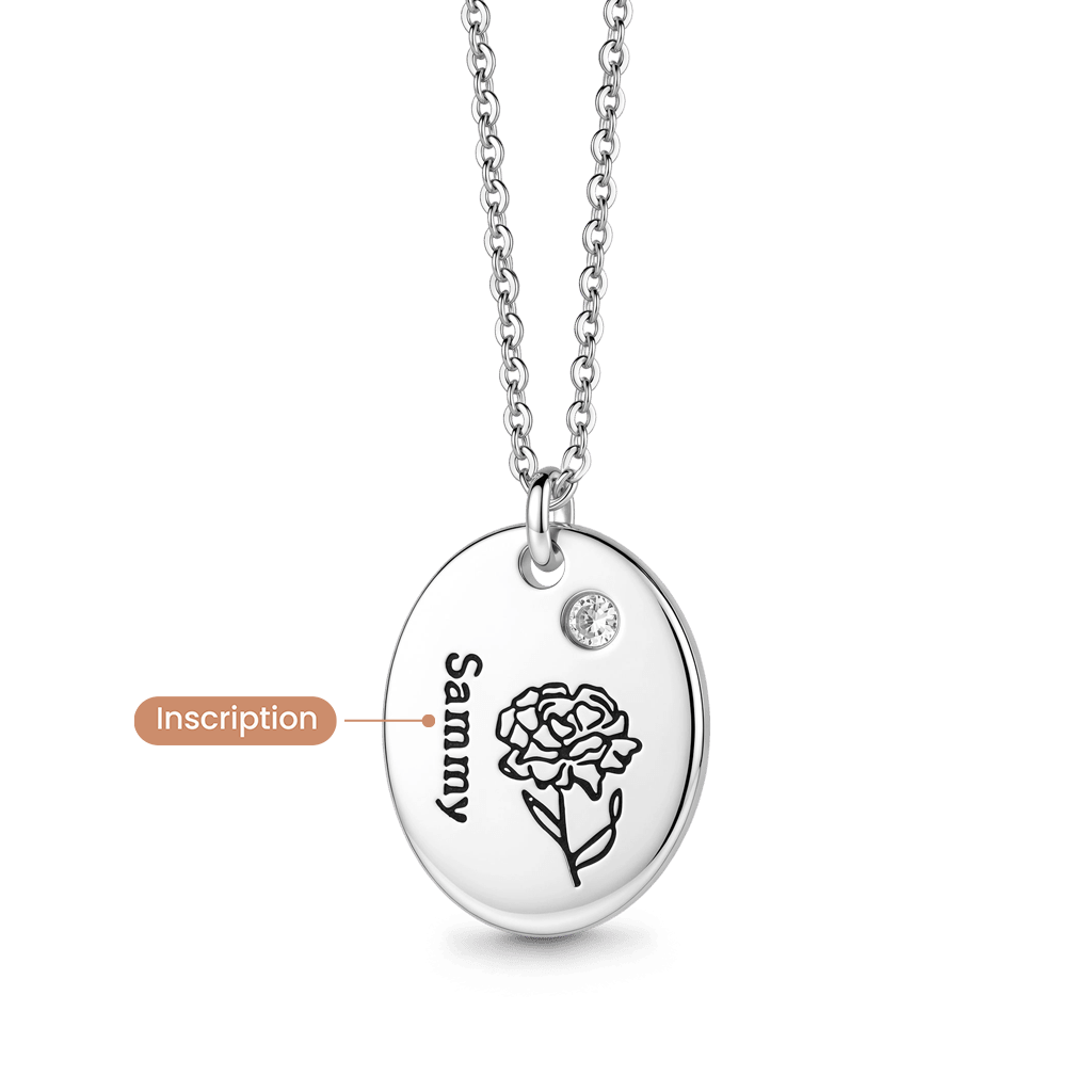 Gnoce Name Personalized Birth Flower Birthstone Oval Pendant Necklace Platinum-plated Silver Blend_3