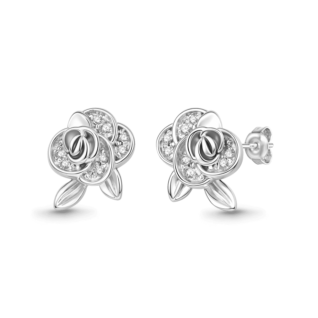 Gnoce Paved Crystal Rose Flower Stud Earrings Platinum‑plated Silver Blend_4