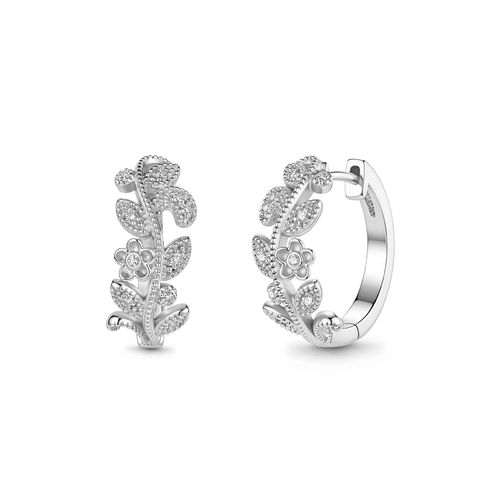 Gnoce Crystal Floral Leaf Hoop Earrings Platinum‑plated Silver Blend_4