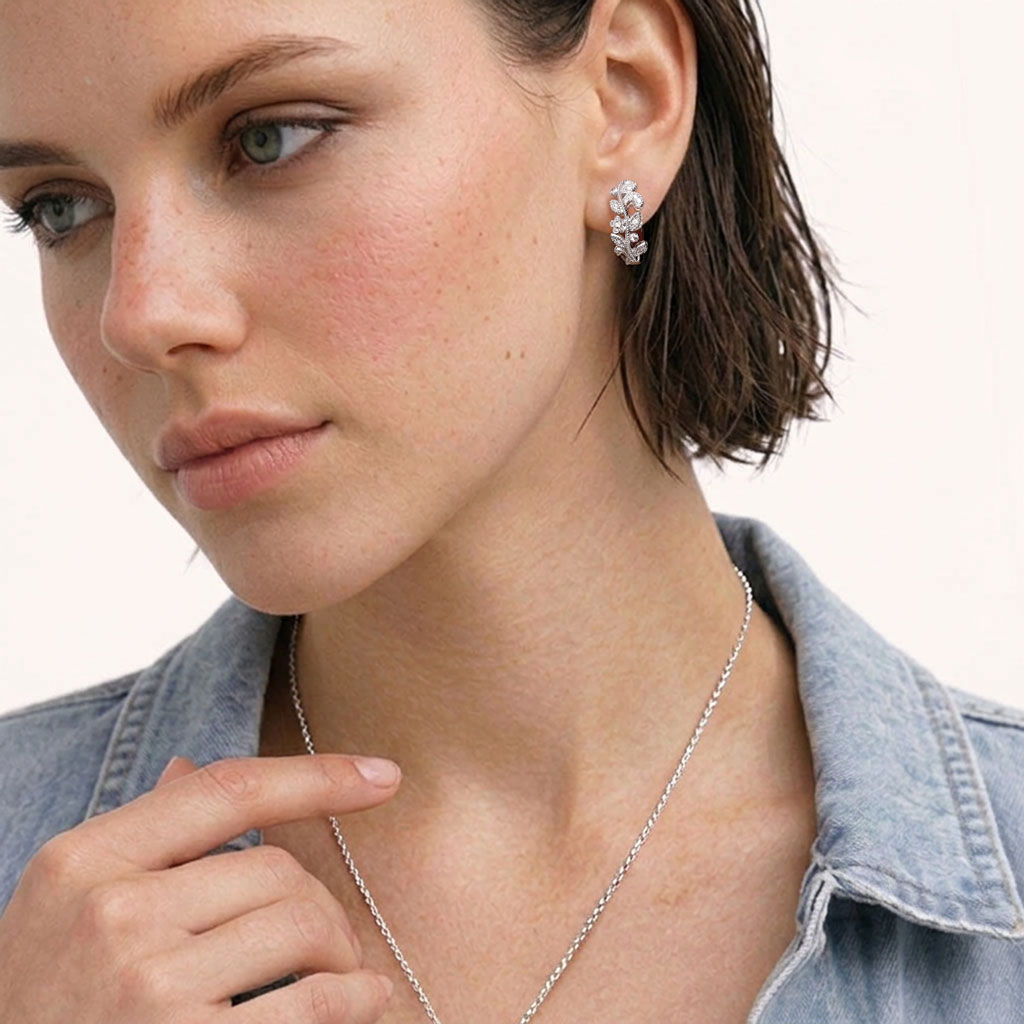Gnoce Crystal Floral Leaf Hoop Earrings Platinum‑plated Silver Blend_3