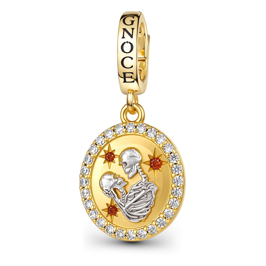 Gnoce Halloween Skeleton Couple Engravable Clasp Dangle Charm Platinum‑plated Silver Blend_1