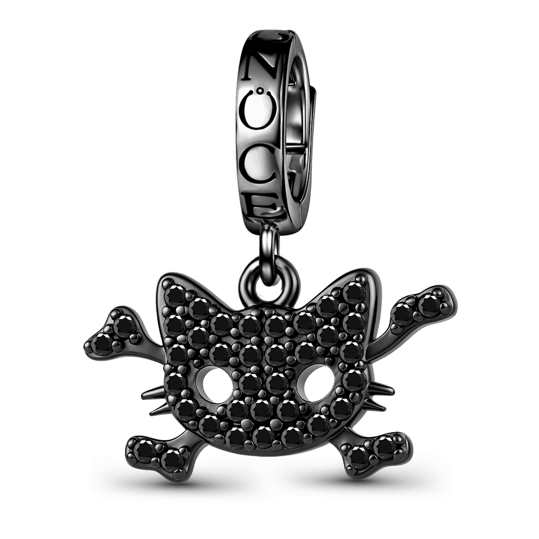 Gnoce Halloween Crystal Black Cat Bone Clasp Dangle Charm Platinum‑plated Silver Blend_1